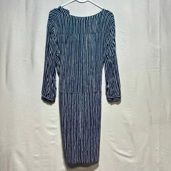 GAP M Navy White Vertical Stripe Wrap Dress Midi Long Sleeve V-Neck Tie Waist - Picture 7 of 7